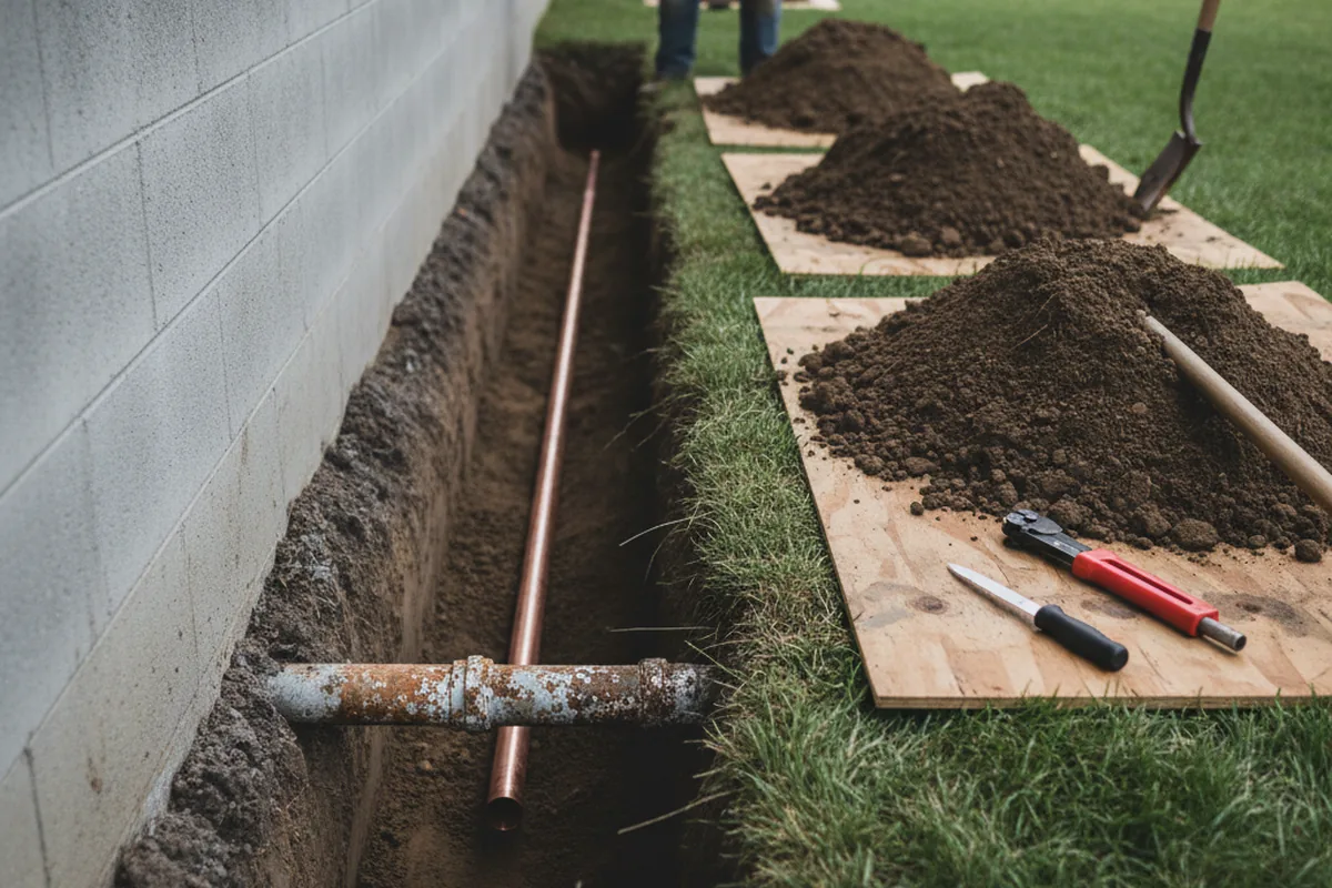 Excavated water line trench during Sewer Line Repair in Peterstown